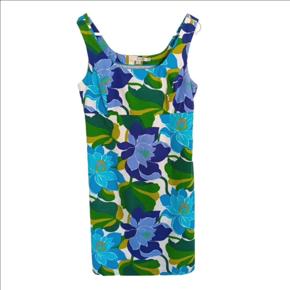 Boden Sleeveless Floral Day Dress in Blue & Green Hawaiian Print 100% Cotton 6